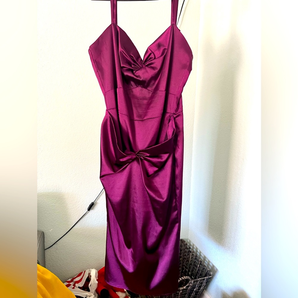 Stop Staring Fuchsia Satin Midi Dress with Bow Detail